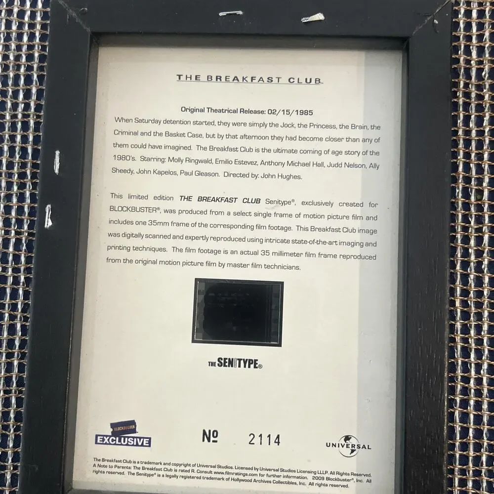 The Breakfast Club - Senitype 35mm Film Cell Photo Frame 2009 Blockbuster #2114